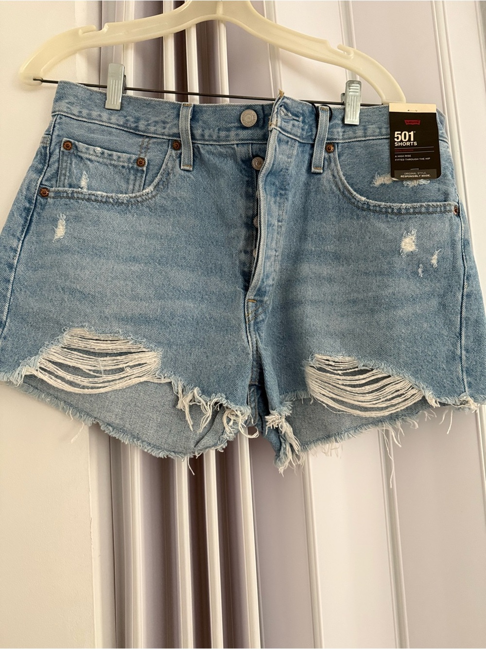 Levi's Light Blue Distressed 501 Denim Shorts